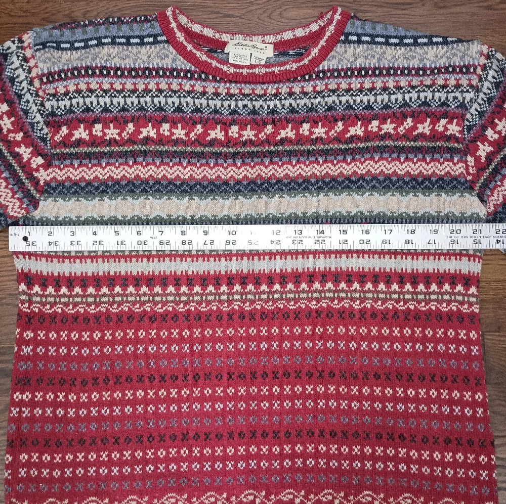 Womens Eddie Bauer Red Blue Beige Fair Isle Sweater Size Large Made in USA